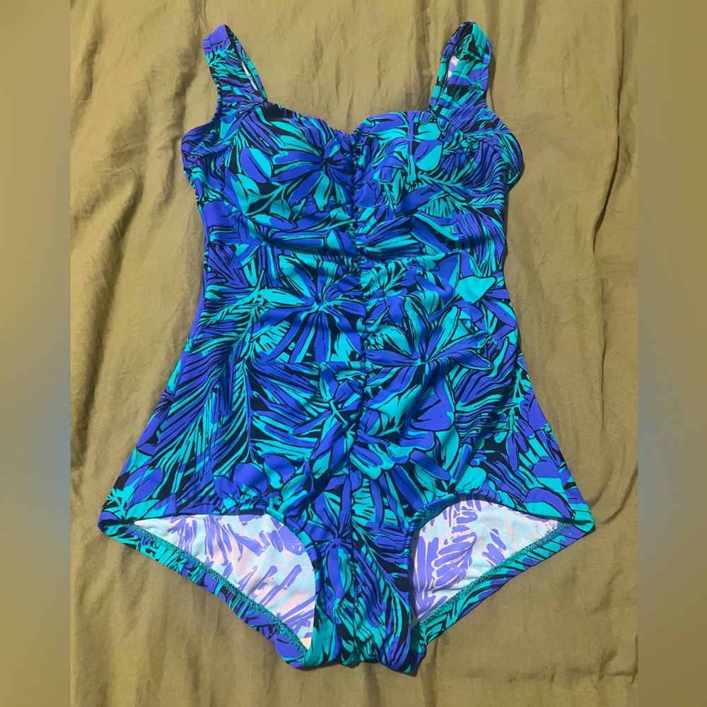 Vintage Periwinkle & Teal Tropical Palms Maxine of Hollywood Bathing Suit
